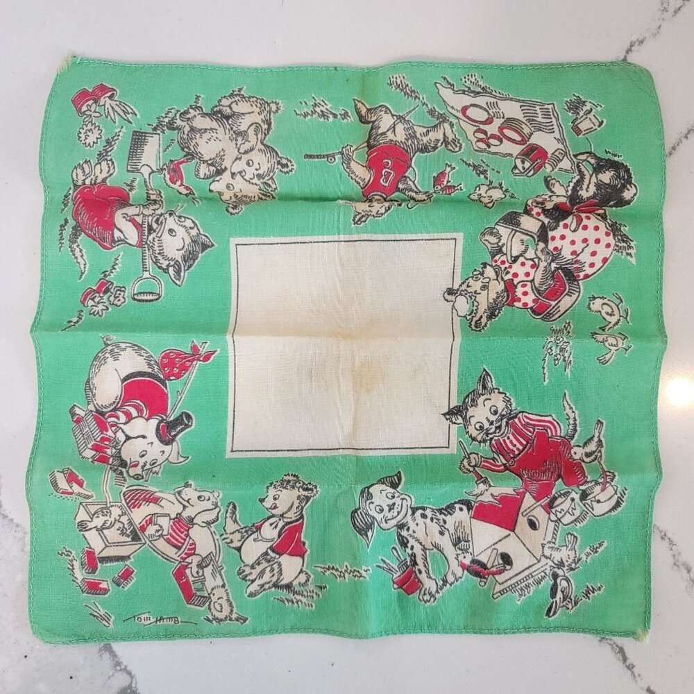 Vintage 1950s Children's Handkerchief With Playful Animal Characters Green White